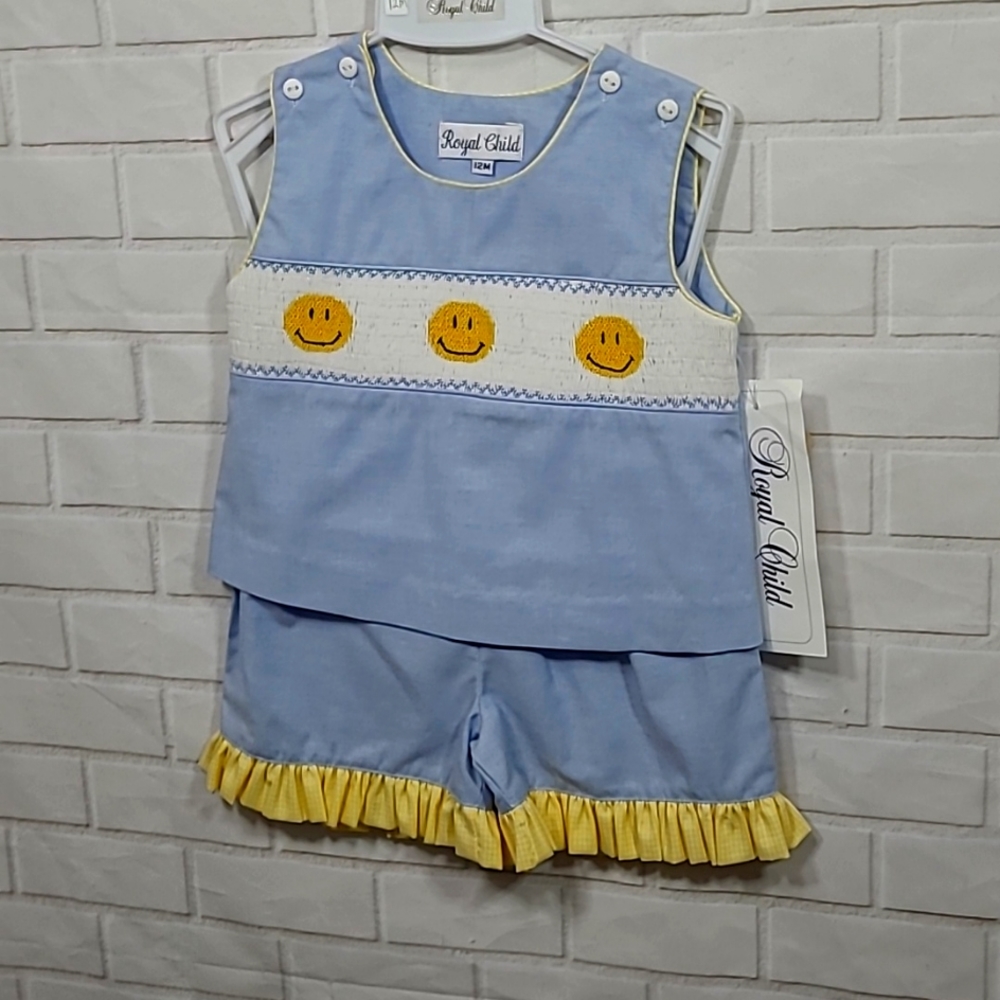 NWT  Girls Royal Child Smocked Smiley Face blue & Yellow Infant Short Set